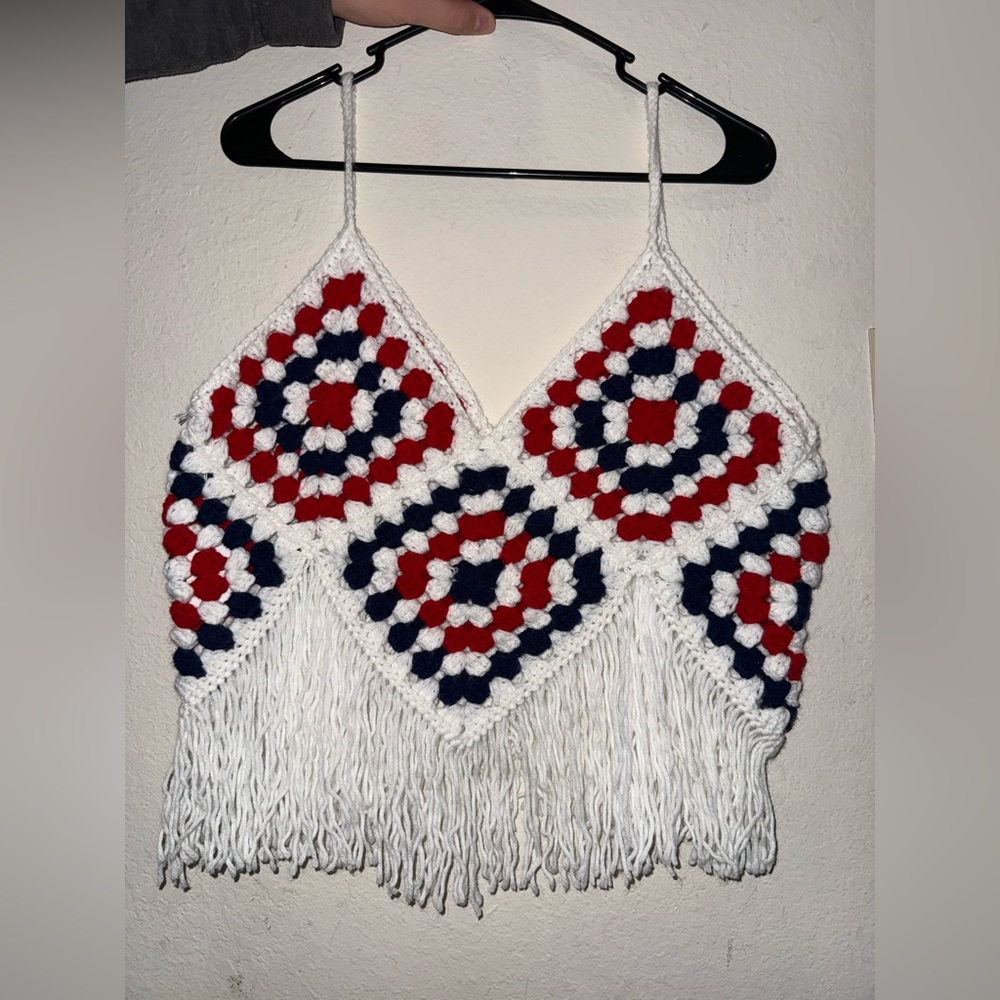 Handmade Crochet Fringe Crop Top - Red, White, and Blue